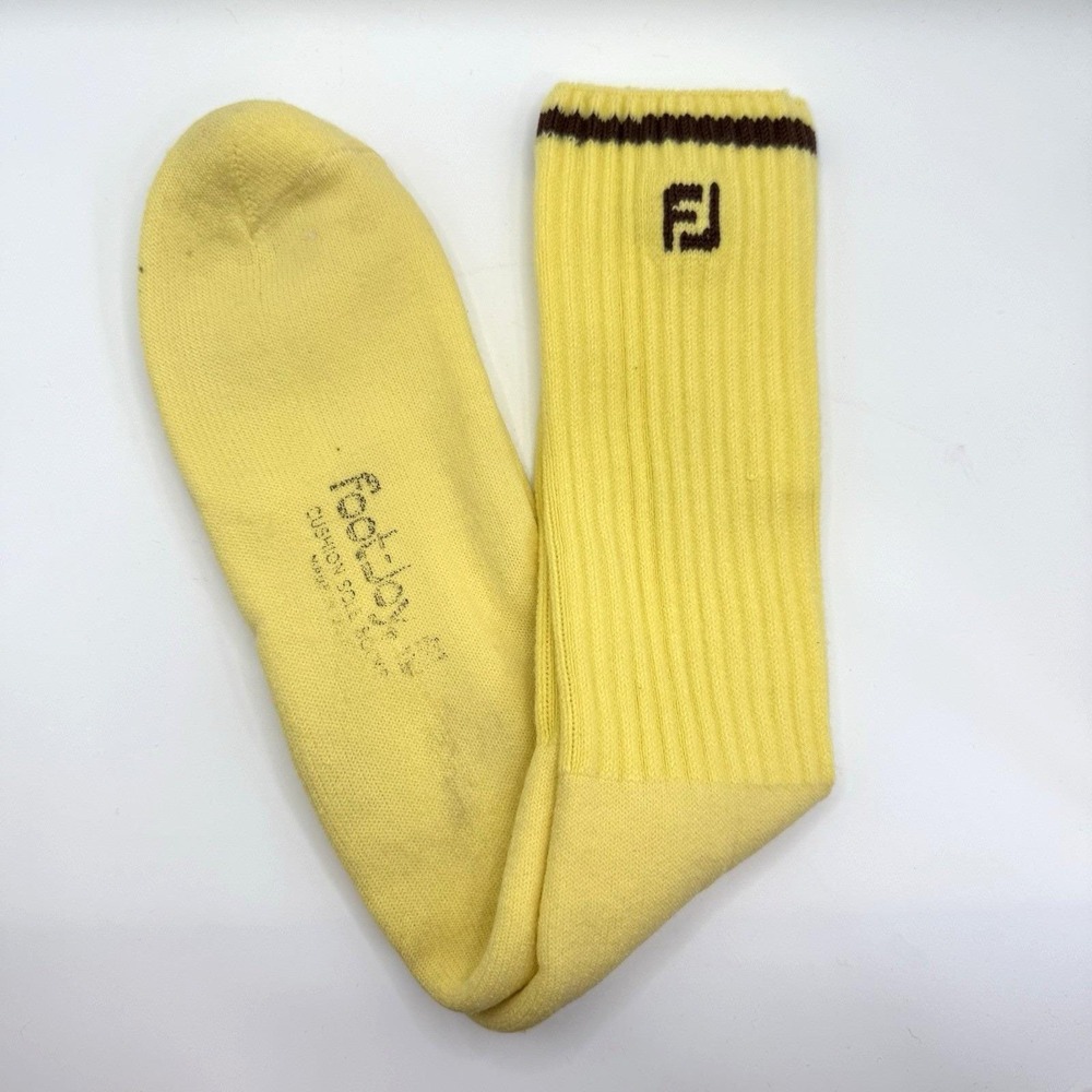 VTG FootJoy Yellow Ribbed Crew Socks USA Made Brown Stripe FJ Logo 17"‎